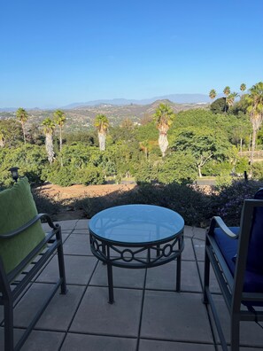 A patio with a glass table and metal chairs, overlooking a landscape with trees and distant mountains. - California hidden gem, quiet and tranquil, peaceful with beautiful view (Bonsall)