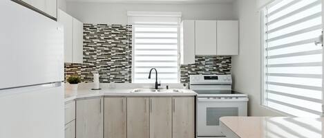 Fridge, microwave, oven, stovetop