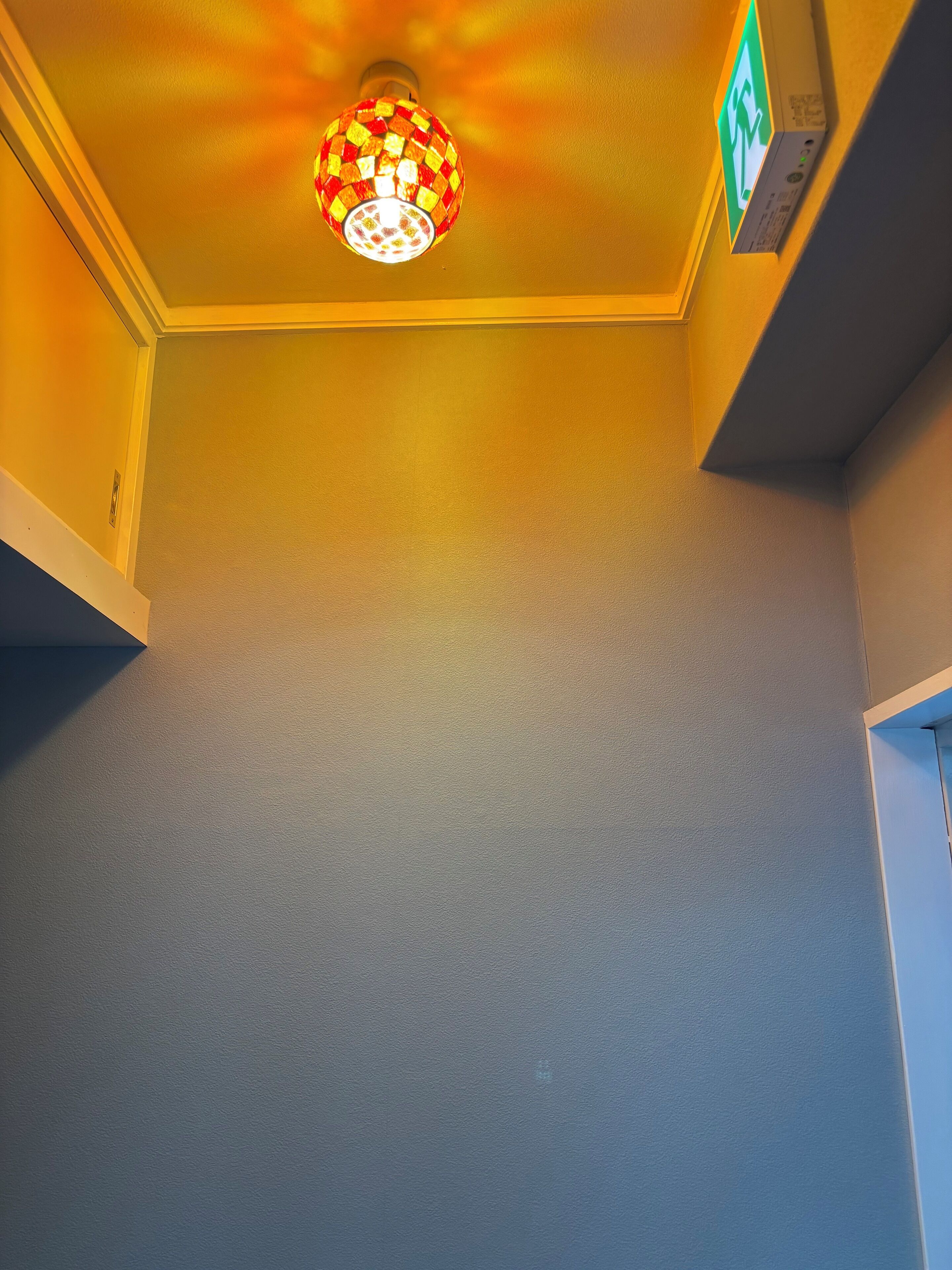 A ceiling with a patterned light fixture and a green exit sign.