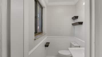 Hair dryer, towels, soap, toilet paper