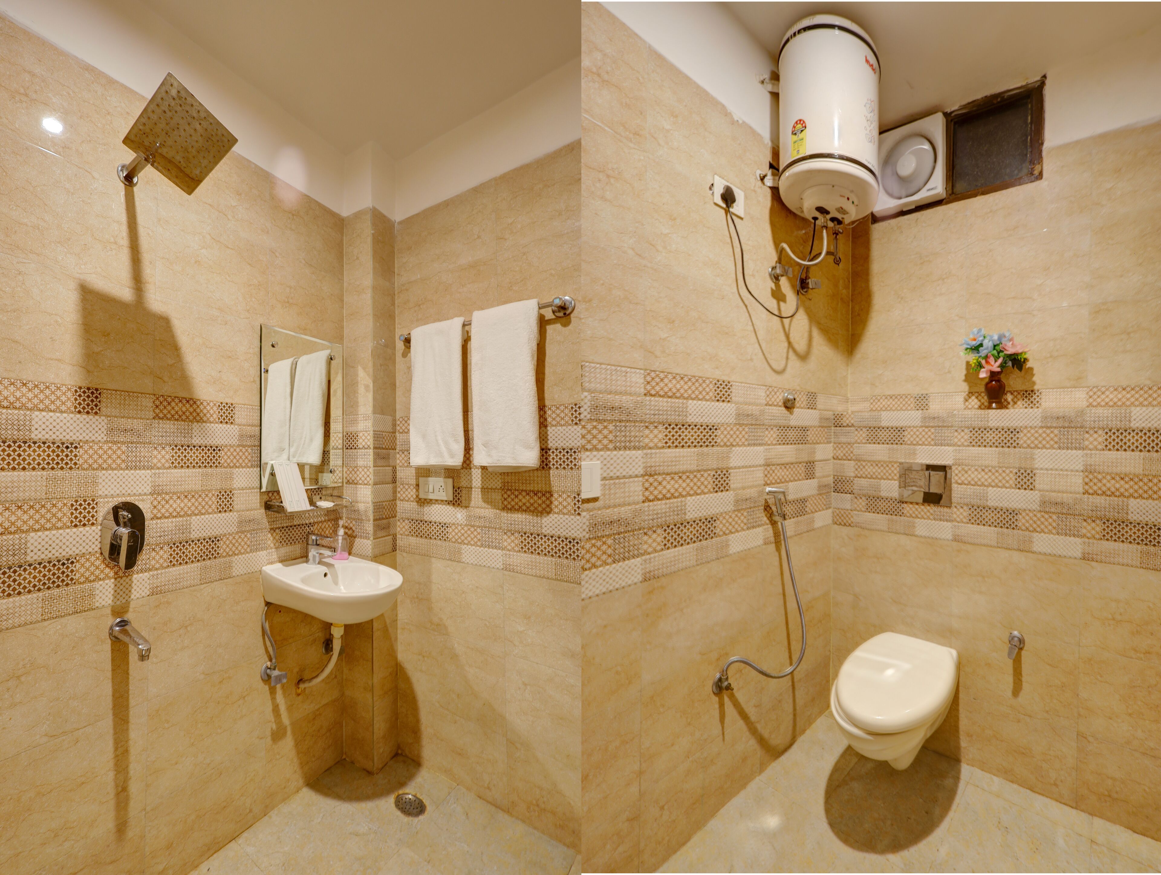 Hydromassage showerhead, slippers, towels, soap