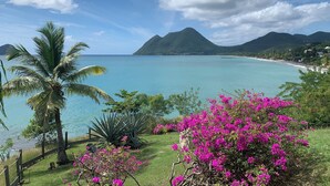 Un paysage côtier offrant une vue dégagée sur la mer, une montagne et une végétation luxuriante.