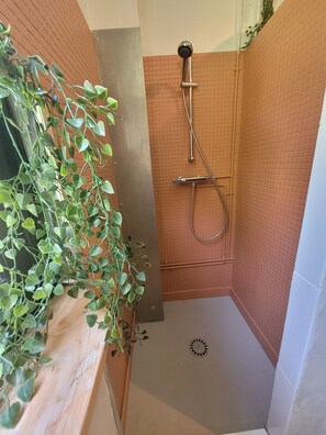 Shower, hair dryer, towels, toilet paper