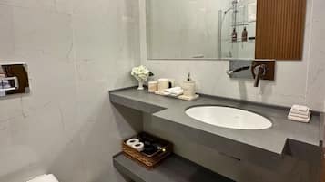 Shower, hair dryer, slippers, towels