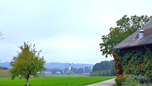 A rural road with a building covered in ivy and flowers on the right, a tree on the left, and a distant church. - Wonderful private villa for 6 guests with WIFI and panoramic view (Wienern)