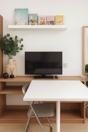 A modern room with a flat-screen TV, a white table, a chair, and a shelf with books and decorative items. - Elio Sukhumvit 64 Bill included​ (Bangkok​)