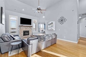 Télévision, cheminée, espaces bureaux