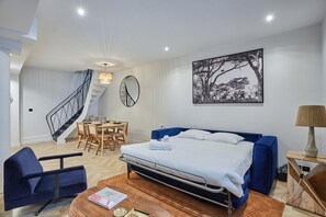 1 bedroom, desk, iron/ironing board, travel cot
