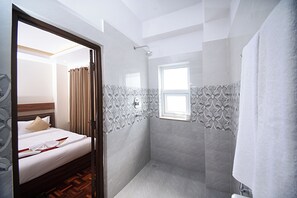 Shower, free toiletries, hair dryer, towels