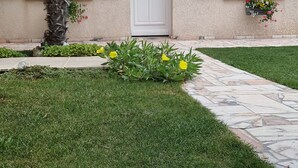 A house with green shutters, a white door, and a stone pathway leading to the entrance.
