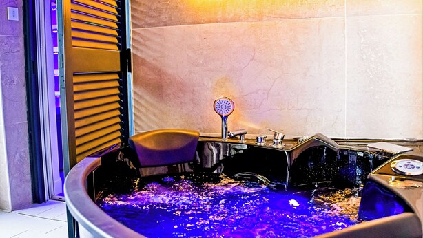 Un espace bien-être comprenant un jacuzzi, une fenêtre agrémentée d’une plante décorative et une porte à lames de bois.