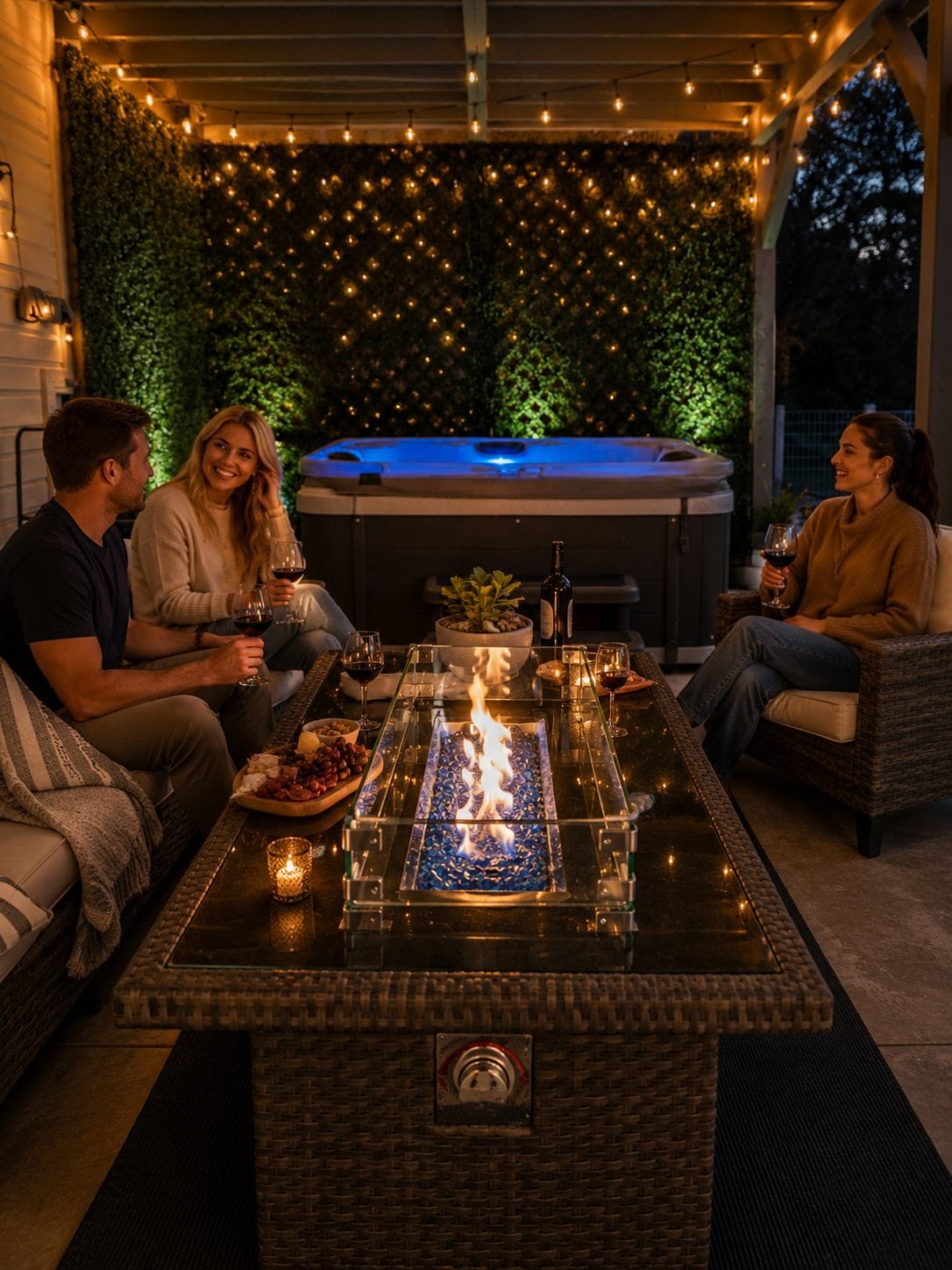 A cozy outdoor seating area with a glass-top table, a fire feature, and a hot tub in the background.