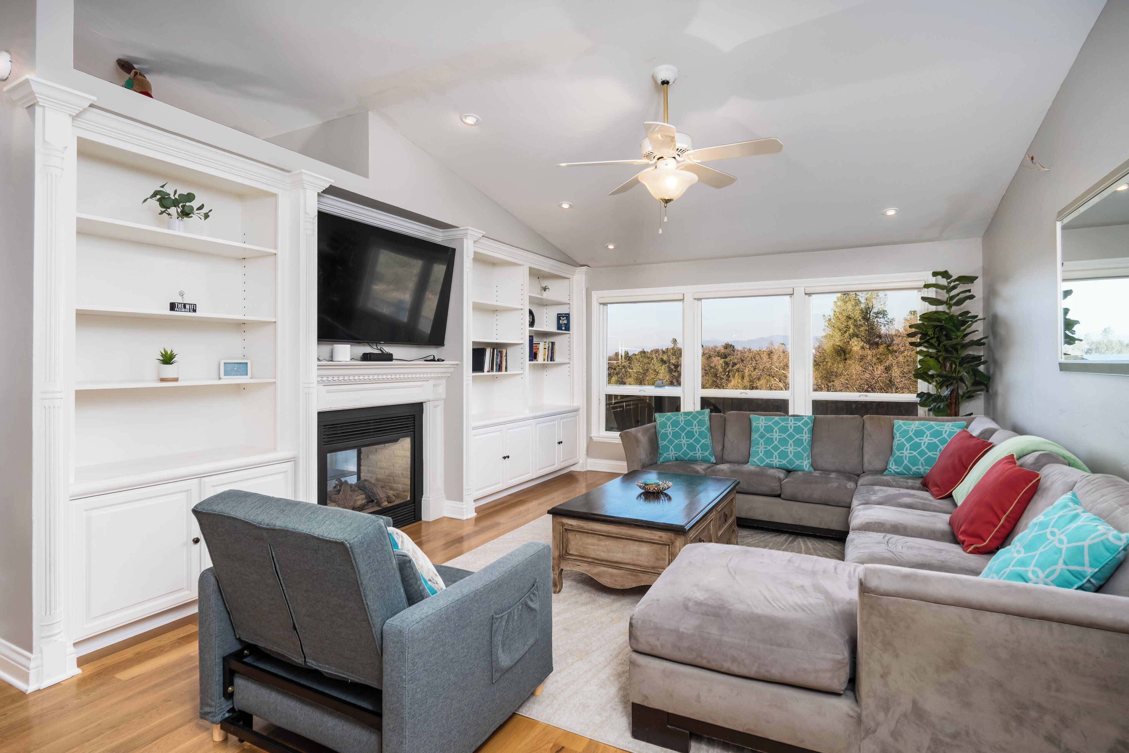 TV, fireplace