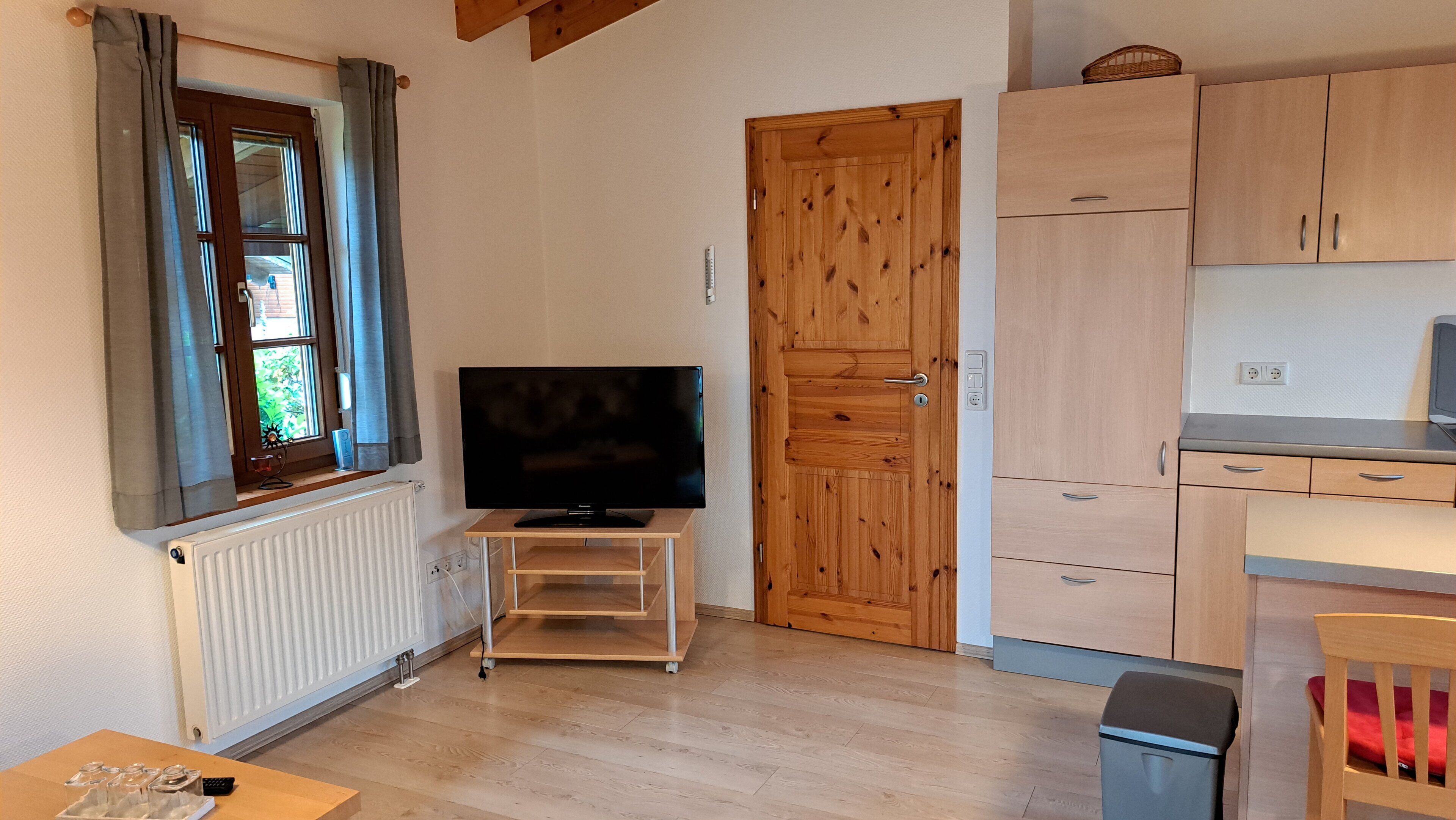 A compact living space with a television on a stand, a wooden door, and a kitchenette area.