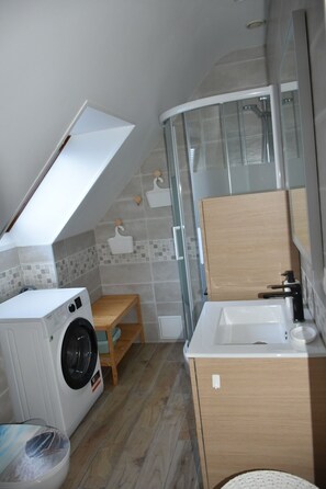 Shower, hair dryer, towels