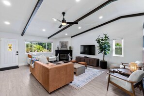 Televisio, takka, työhuone