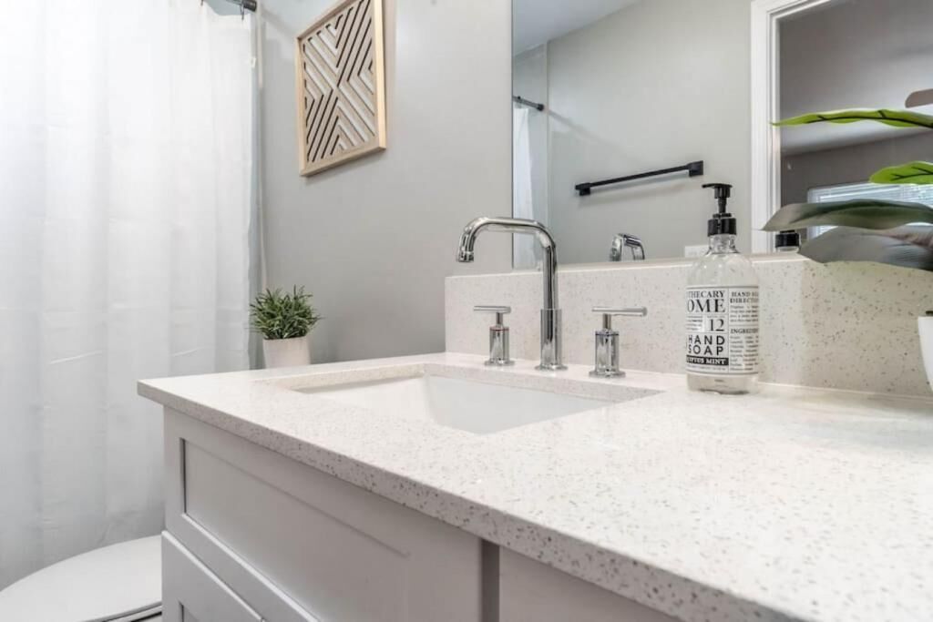 A bathroom with a white countertop, two sinks, a mirror, a potted plant, and a bottle of hand soap.