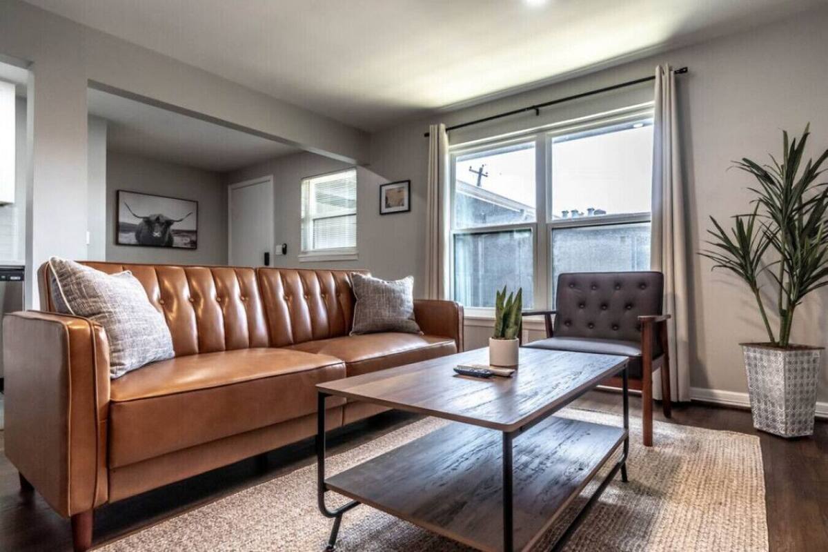 Un salon moderne avec un canapé en cuir, une table basse en bois et un fauteuil gris. Une grande fenêtre est agrémentée de rideaux, et on y trouve également une plante en pot et un tableau encadré accroché au mur.