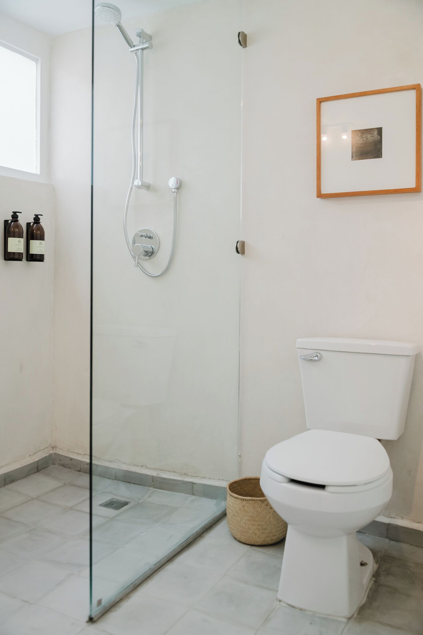 Un baño con cabina de ducha de vidrio, un inodoro blanco y un cuadro enmarcado en la pared.