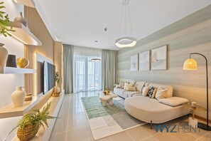 Living room - Aegean Charm 2BR Sulafa Tower Marina (Dubai)