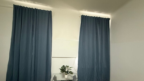 Une pièce avec une table à plateau en verre, une plante en pot et un canapé.