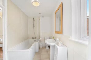 Hair dryer, towels, toilet paper