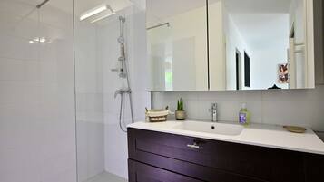 Shower, hair dryer, towels