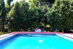 A swimming pool with a red deck, surrounded by trees. -  Sariska Forest Trail (Rajgarh)
