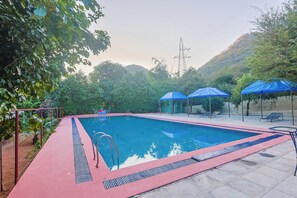 A swimming pool with a red border, surrounded by greenery and shaded by blue umbrellas. -  Sariska Forest Trail (Rajgarh)