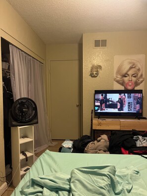 A bedroom with a bed, a TV on a wooden stand, a fan, and a door with a curtain. - Studio apartment across the street from the convention center (San Diego)