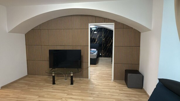 A modern living room with a TV, wooden panel wall, and a sofa. - Economy Souterrain 2BR - Prater Amuesement Park (Vienna)