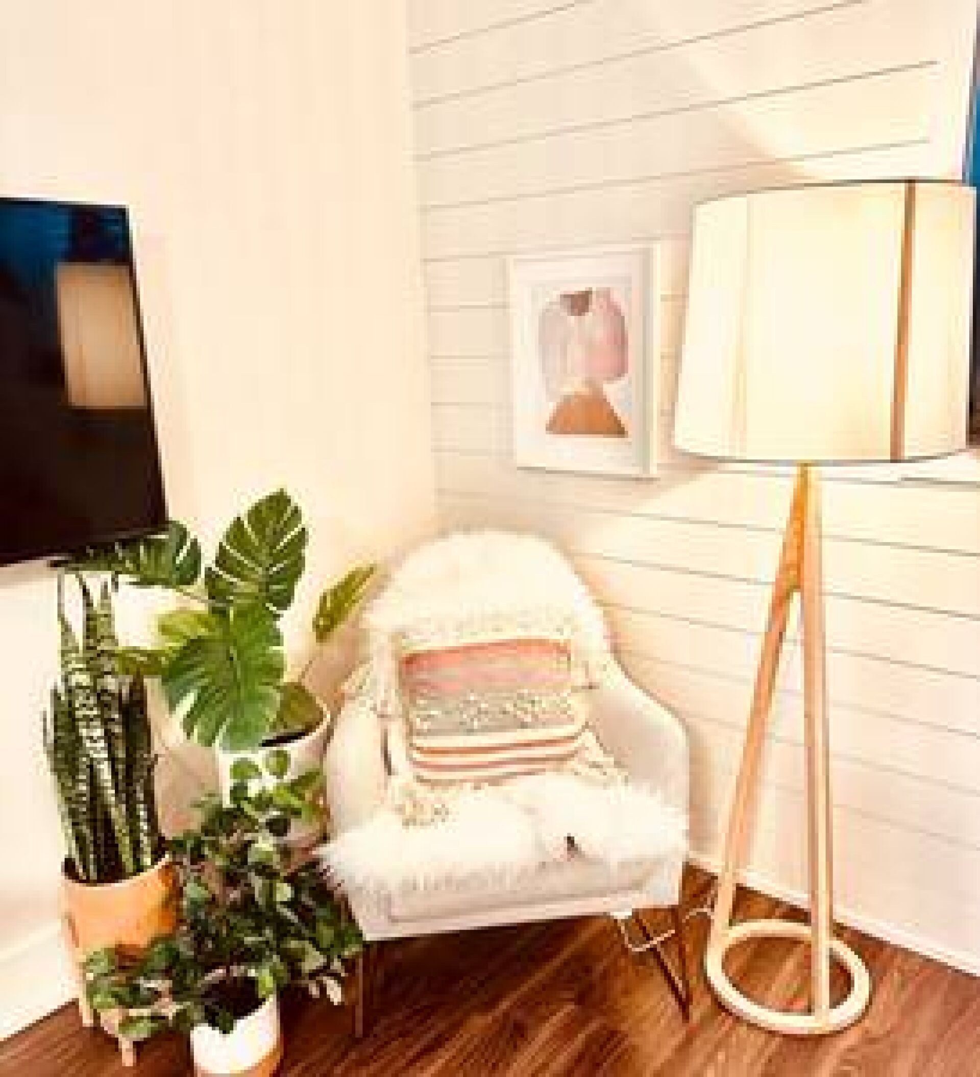 A cozy corner with a white armchair, a floor lamp, and a potted plant.