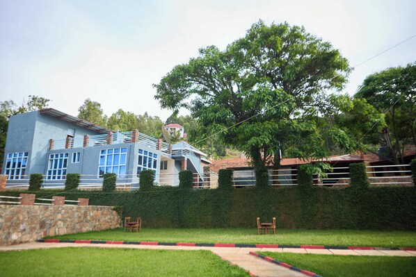 Una casa moderna con un gran árbol en el jardín, un muro de piedra y un camino pavimentado.