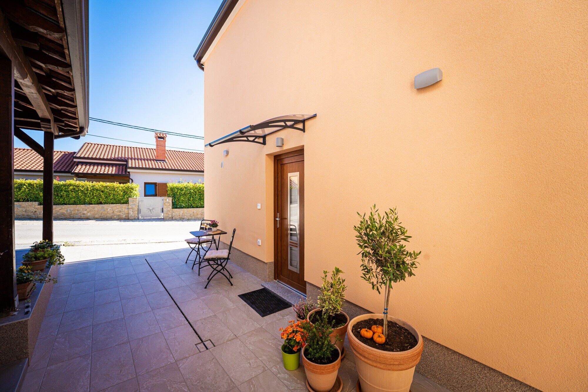 A covered patio area with a table and chairs, potted plants, and a door.