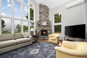 TV, fireplace, books, offices