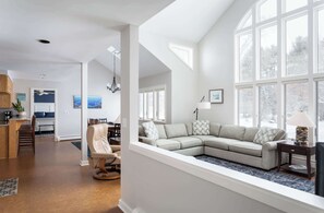 TV, fireplace, books, offices