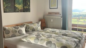 A bedroom with a large bed, a radiator, a framed picture, and a view of the outdoors.