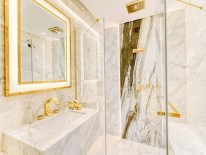 Luxury Room, Balcony, City View | Bathroom | Combined shower/tub, hair dryer, towels, soap