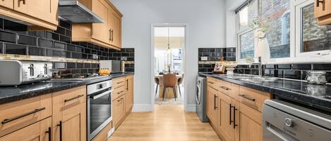 Fridge, microwave, oven, dishwasher