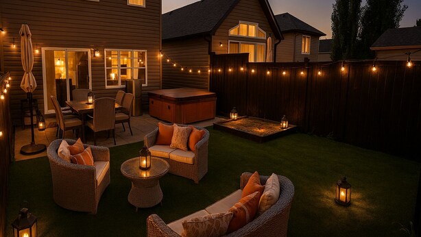 Un patio trasero con mobiliario exterior, luces colgantes y un brasero.