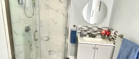 Shower, hair dryer, bidet, towels