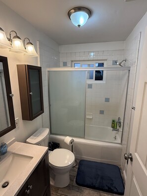 Hair dryer, towels, soap, toilet paper