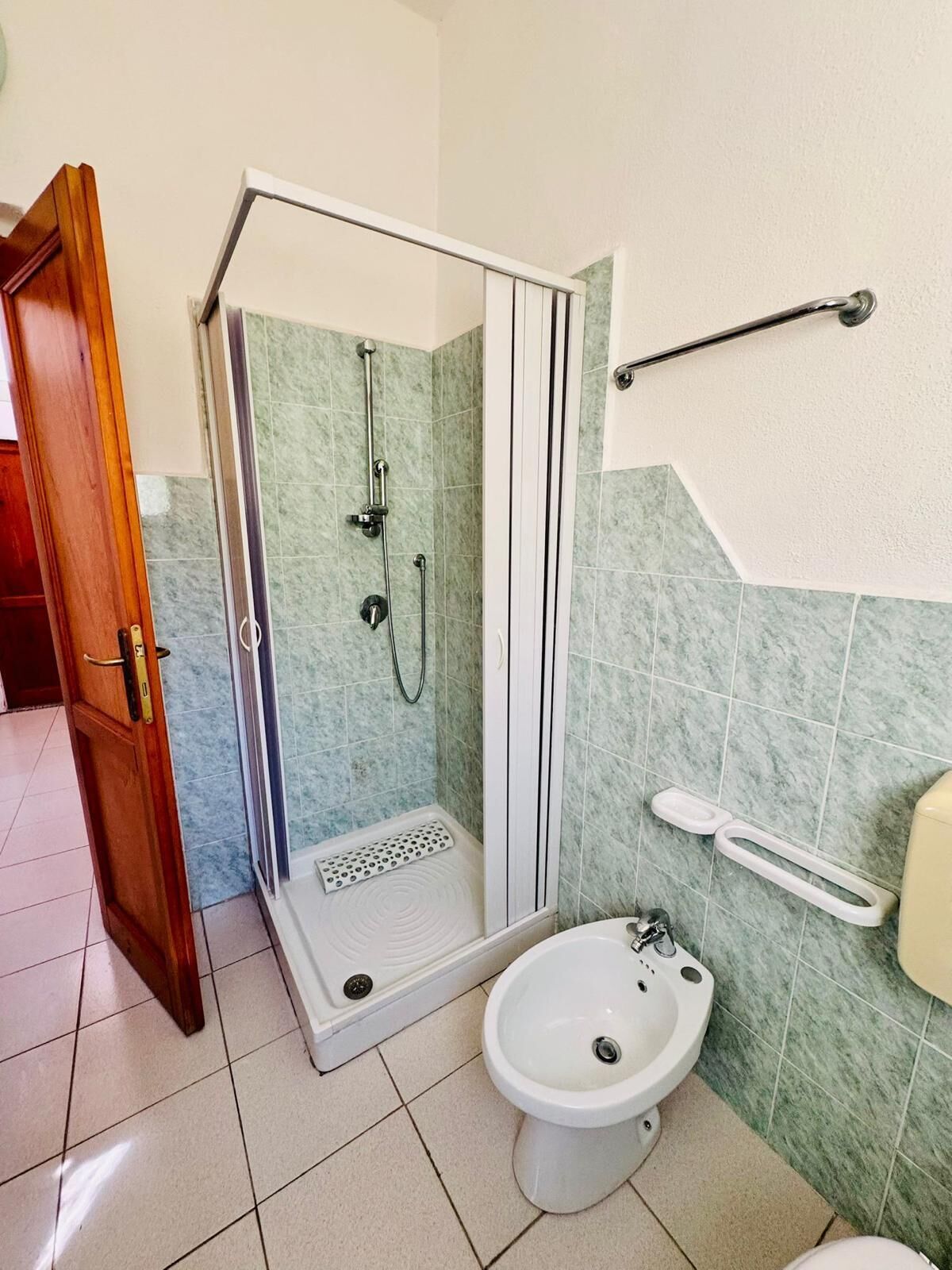 A bathroom with a shower, toilet, bidet, and a sink.