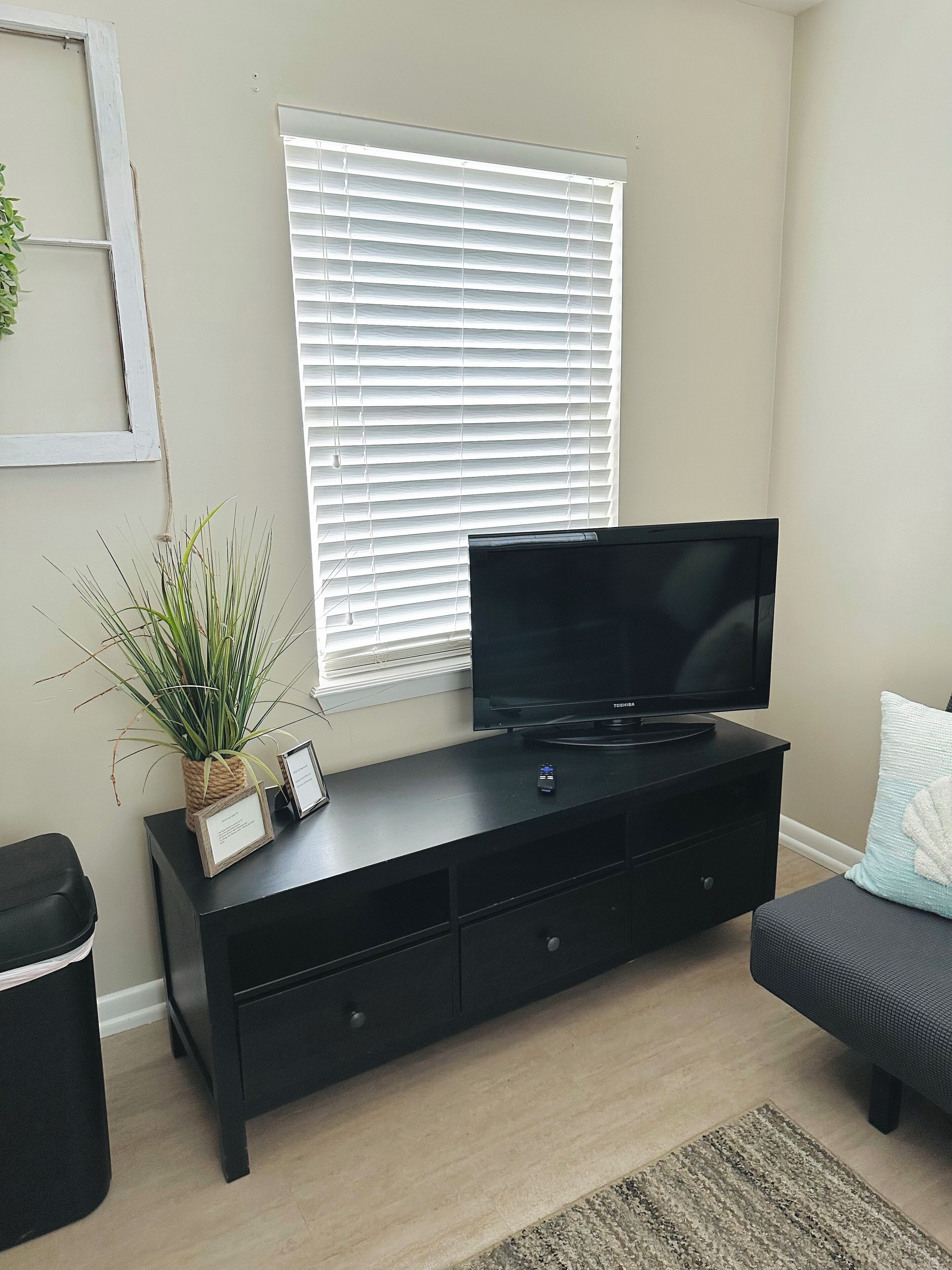 A living room with a black entertainment center, a flat-screen TV, a potted plant, and a window with blinds.