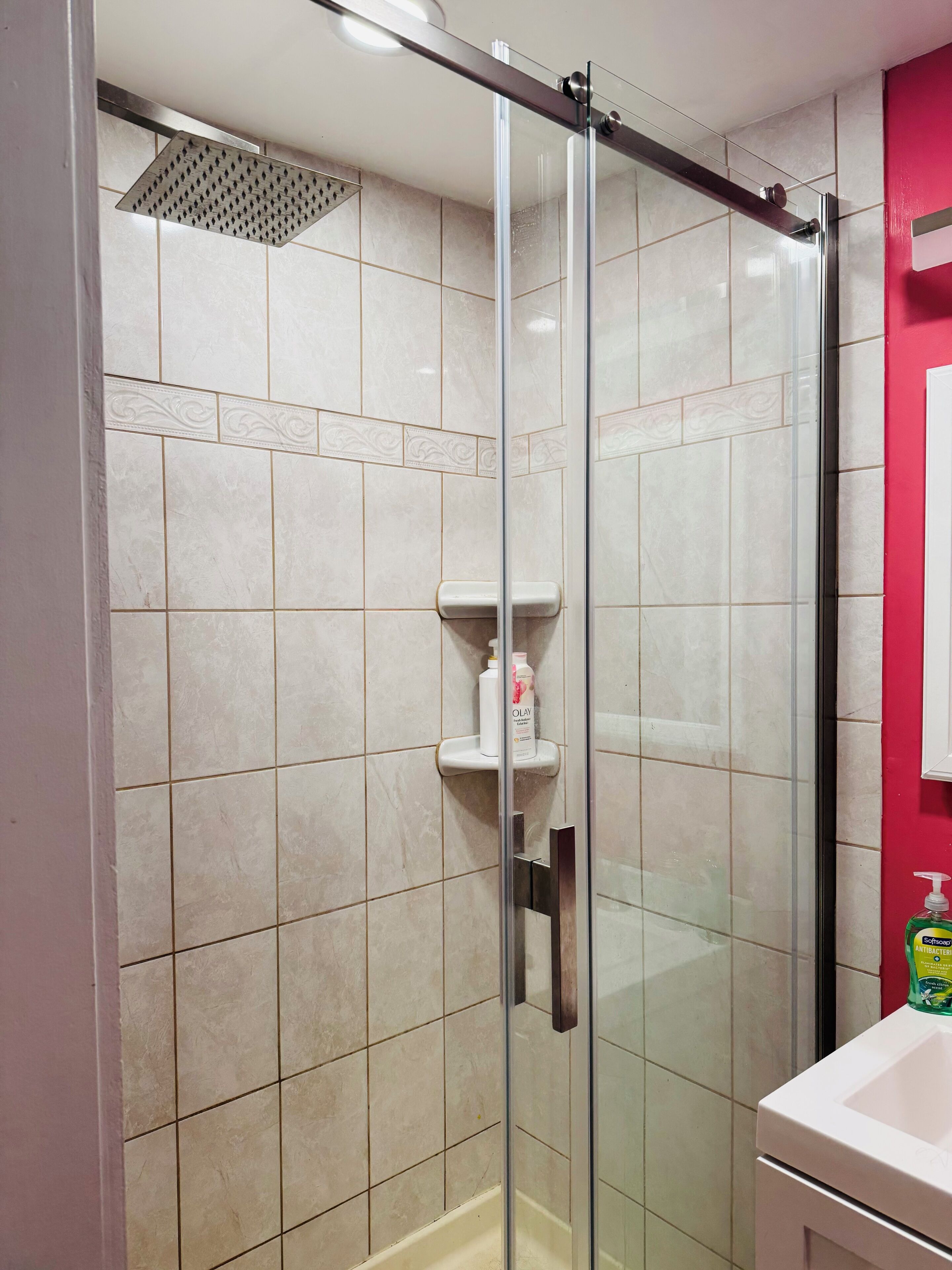 Eine Dusche mit Glastrennwand, ein Handbrausekopf, ein weißes Waschbecken und Pflegeprodukte auf einer Ablagefläche.