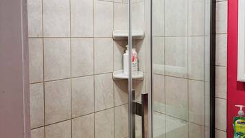 Eine Dusche mit Glastrennwand, ein Handbrausekopf, ein weißes Waschbecken und Pflegeprodukte auf einer Ablagefläche.