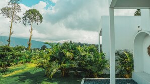 A modern building with a pool, surrounded by lush greenery and a mountainous backdrop. - Hideout Kintamani and Hot Spring (Kintamani)