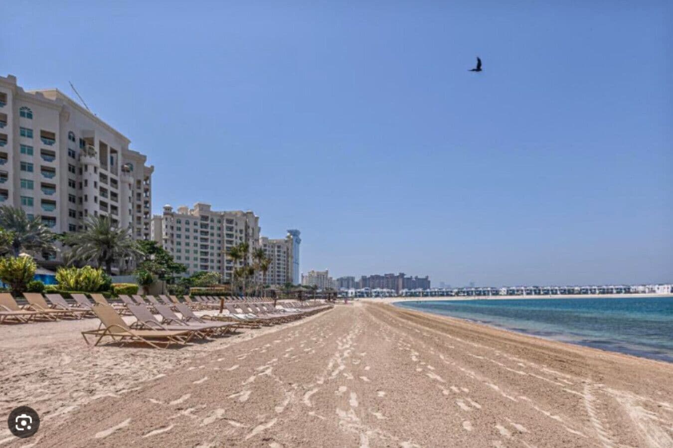 Ein Strand mit Liegestühlen, einem Steg und Hochhäusern im Hintergrund.
