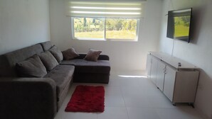 A living room with a grey sectional sofa, a red rug, a white cabinet, and a TV mounted on the wall. - CASA VILLA LUZ (Tuta)