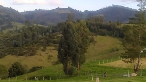 A grassy field with a fence and trees, surrounded by hills. - CASA VILLA LUZ (Tuta)